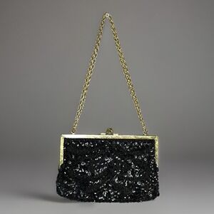 Vintage 1960s Sequined Evening Bag Black Beads Gold Framed Clutch Kisslock Chain